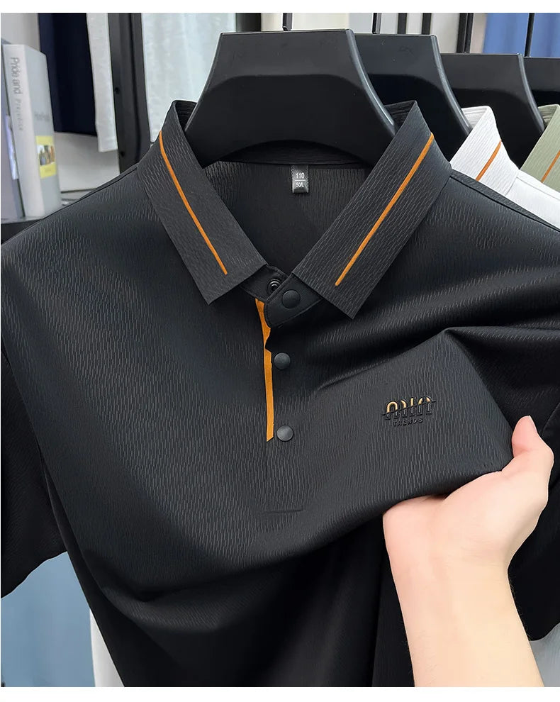 Luxury brand ice silk short sleeve polo shirt men's summer fashion letter embossed comfort breathable leisure high-end T-shirt