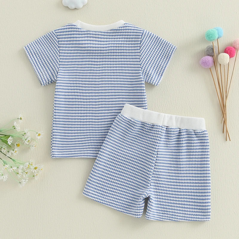 2024-12-30 Lioraitiin Toddler Baby Boys Summer Outfit Waffle Striped Short Sleeve T-shirt Elastic Waist Shorts Set