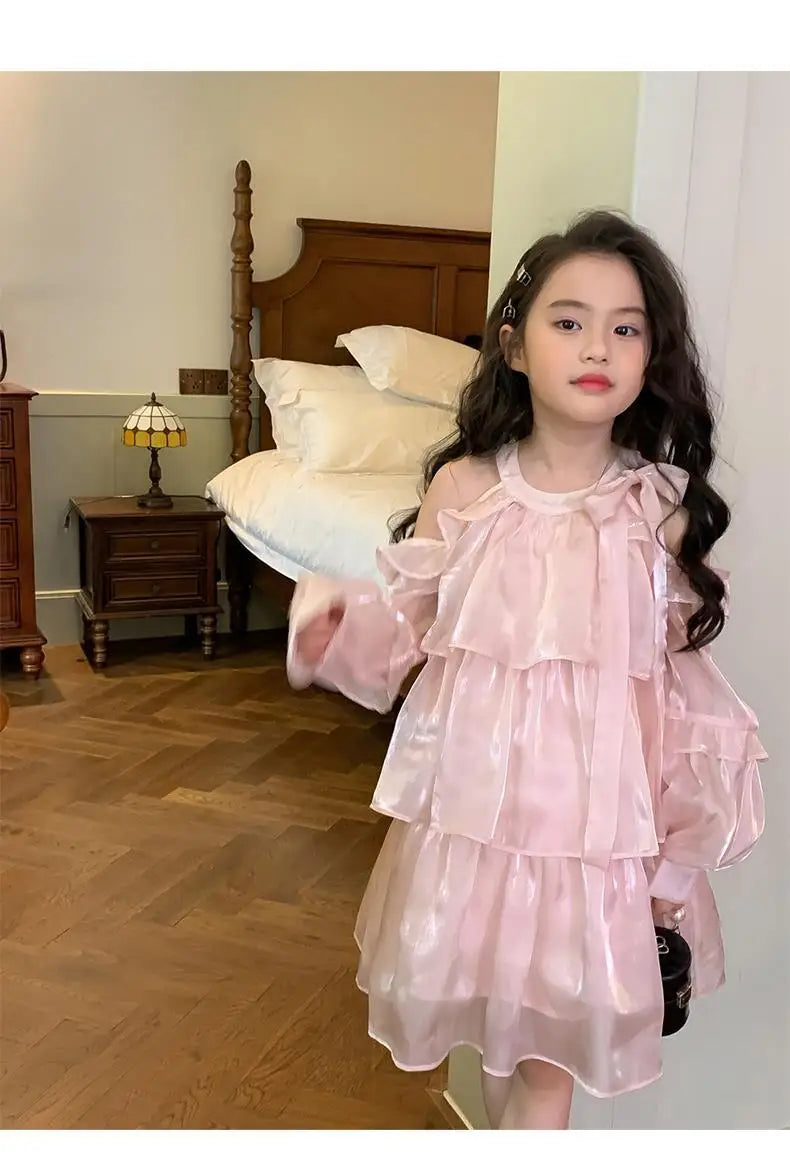 2025 Summer New Girls Dress Pink Off Shoulder Long Sleeve Halterneck Princess Dress For 2-10 Years Teen Girls Grace Fashion Dres