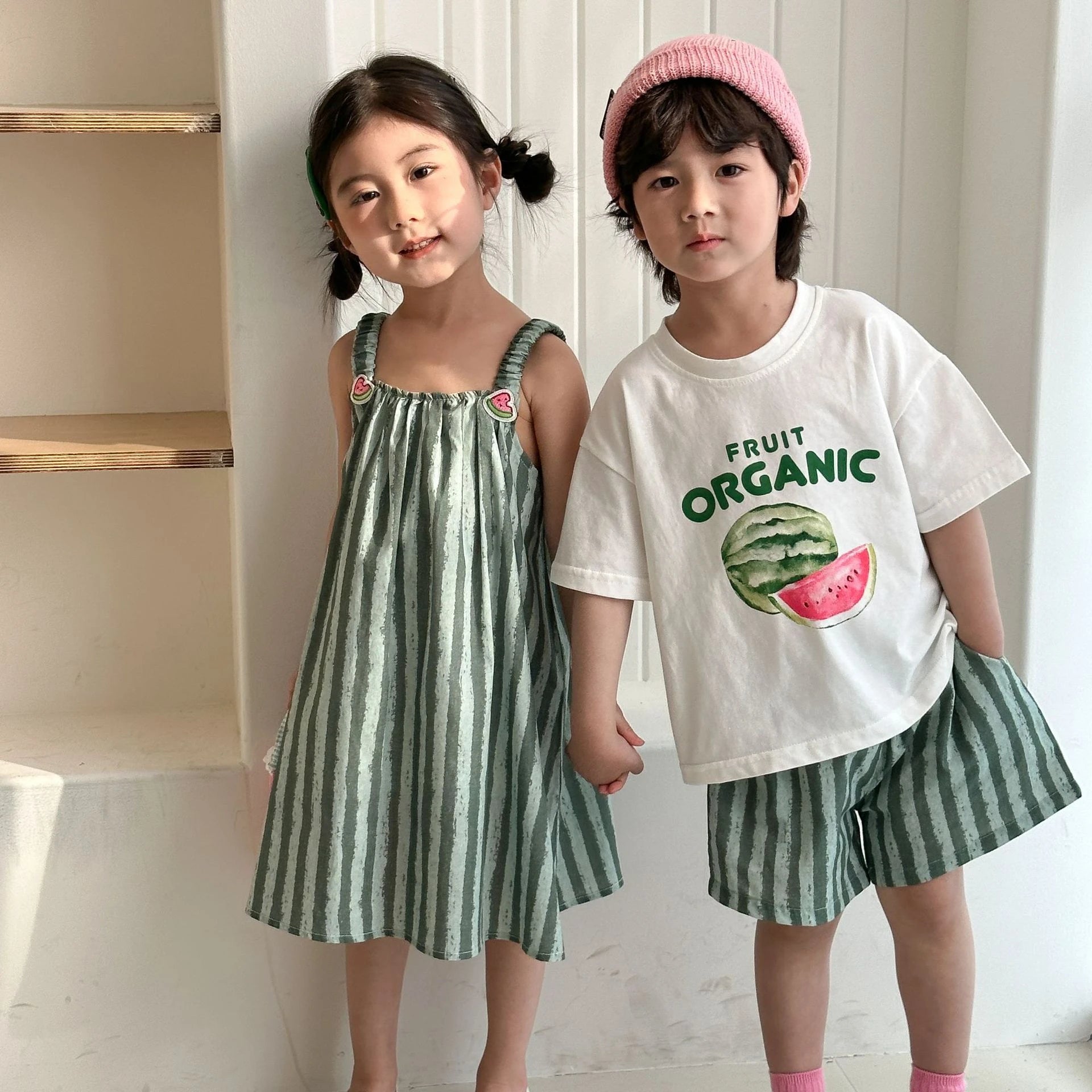 Children Clothes 2025 Summer New Cotton Stripe Baby Girl Suspender Dress Or Boy's Suit Brother And Sister Clothes