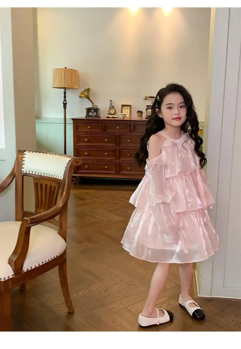 2025 Summer New Girls Dress Pink Off Shoulder Long Sleeve Halterneck Princess Dress For 2-10 Years Teen Girls Grace Fashion Dres