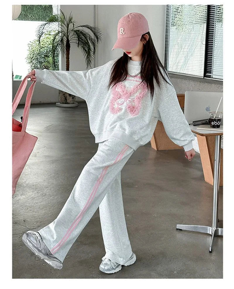 New Girls Tracksuit Sets Autumn Spring Kids Lace Butterfly Sweatshirt+Pants 2Pcs Teen Loose Sports Suits Children Casual Outfits
