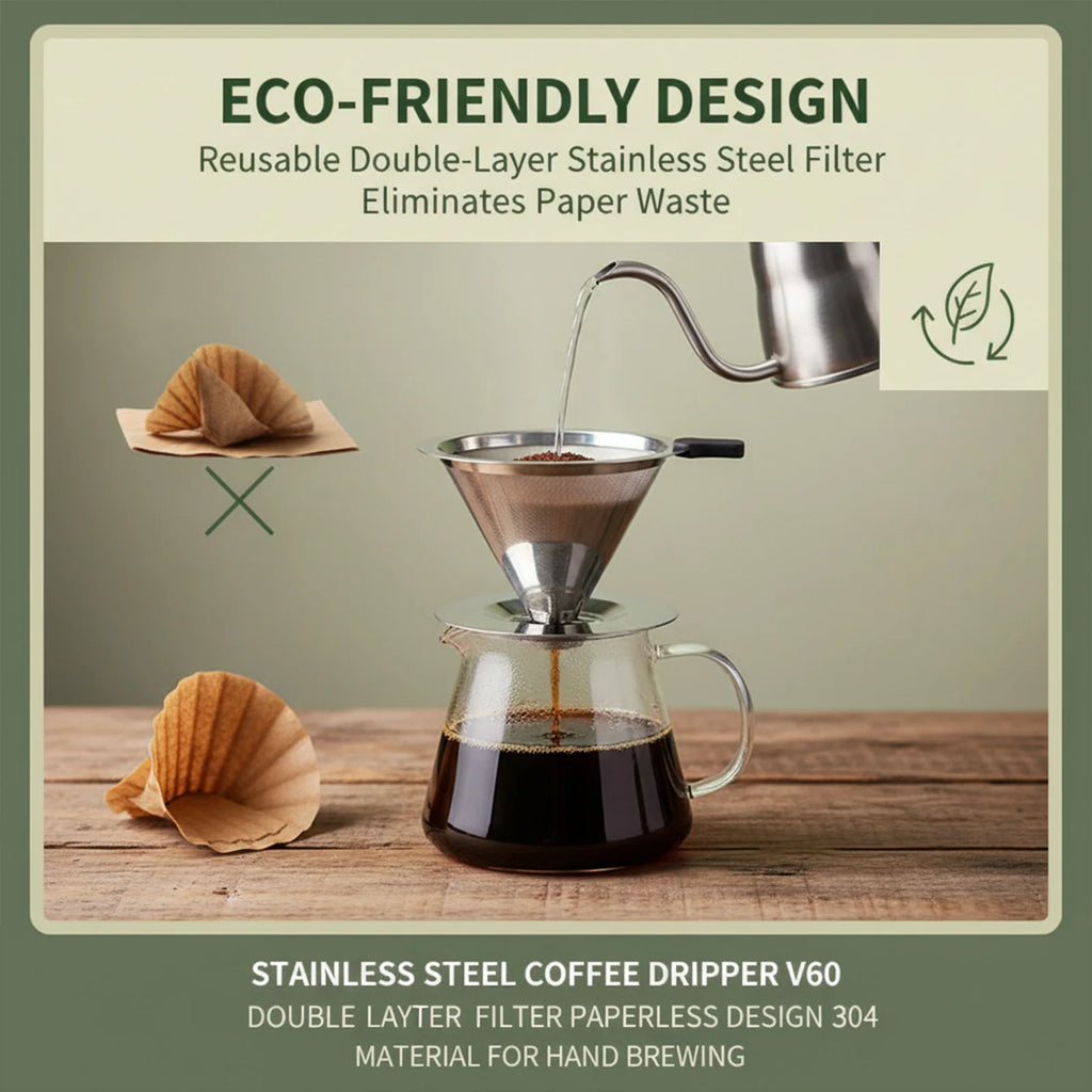 V60 Stainless Steel Coffee Filter Cone Double Layer Paperless Design 304 Material for Pour Over Brewing Large Capacity