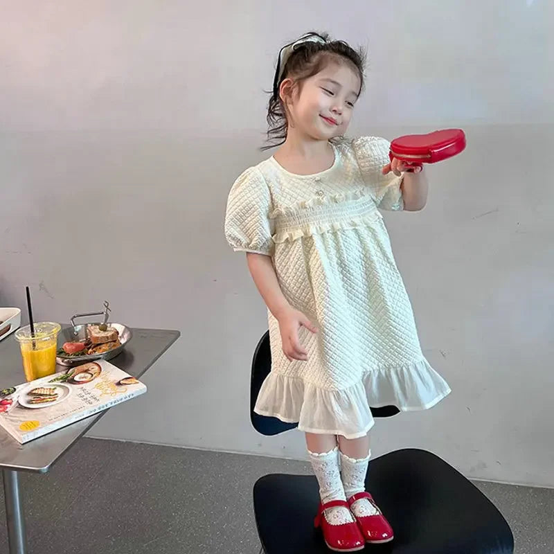Girls Fashion Pink Princess Dress Kids Summer Puff Sleeve Casual Dresses Children Korean Style Mesh Clothing Gift Lolita Dress