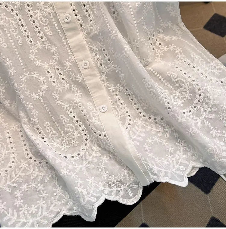Elegant European Summer 2025 New Design Sense Small Hollow out Embroidery  Collar Top Versatile Match Korean Style Loose Fit