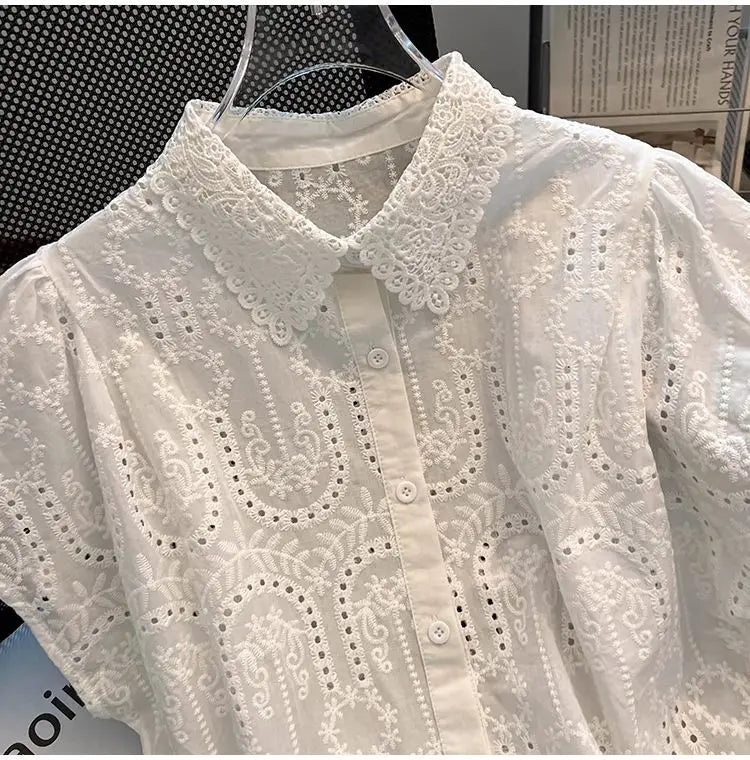Elegant European Summer 2025 New Design Sense Small Hollow out Embroidery  Collar Top Versatile Match Korean Style Loose Fit