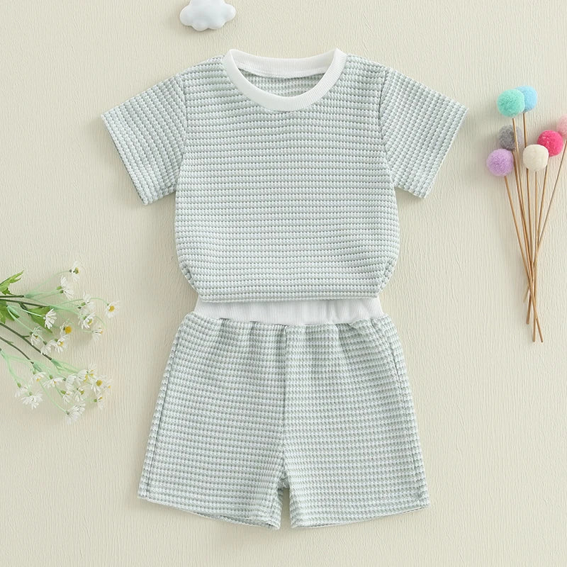 2024-12-30 Lioraitiin Toddler Baby Boys Summer Outfit Waffle Striped Short Sleeve T-shirt Elastic Waist Shorts Set