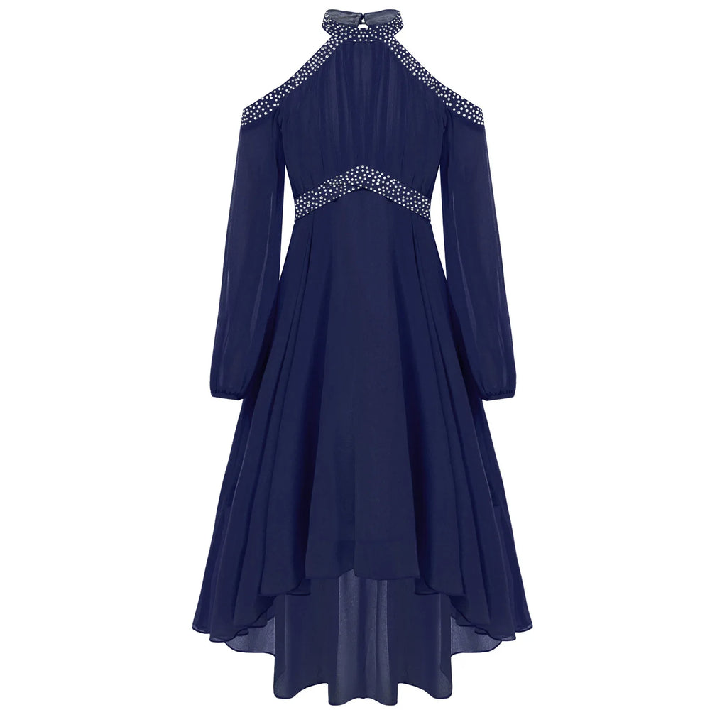 Kids Girls Elegant Party Dress Halter Off-shoulder High Waist Ruffled Chiffon Dresses Wedding Birthday Pageant Evening Prom Gown