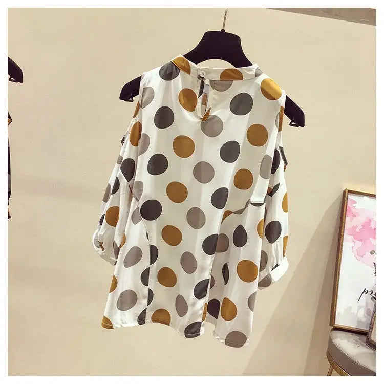 Oversize Summer Polka Dot Printed Chiffon Blouses Women Round Neck Patchwork Short Sleeve Shirt Off Shoulder Tops Female Clothes
