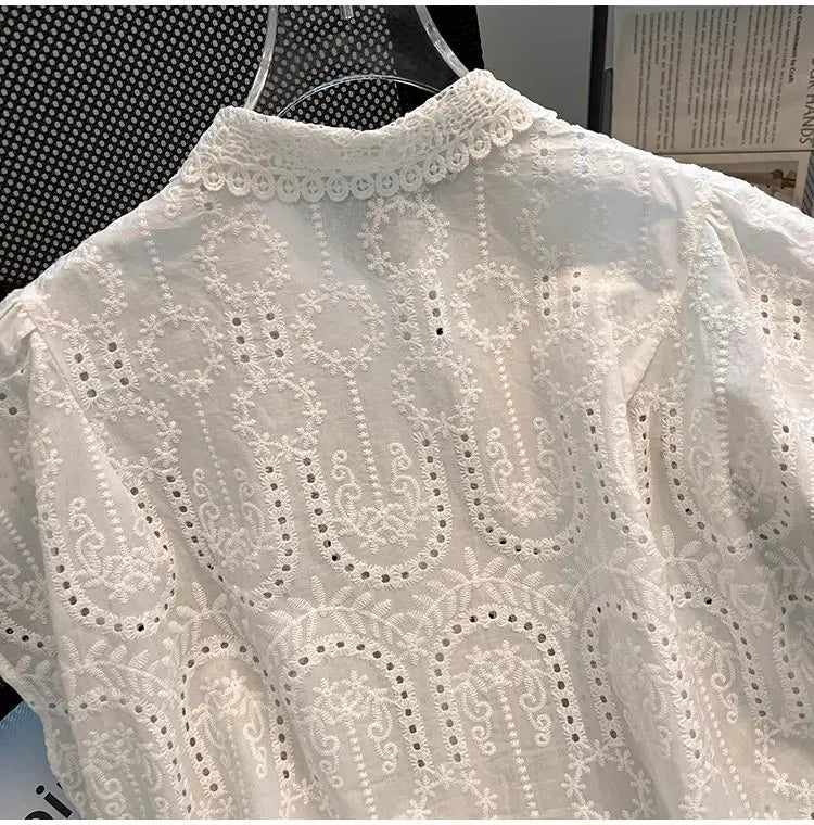 Elegant European Summer 2025 New Design Sense Small Hollow out Embroidery  Collar Top Versatile Match Korean Style Loose Fit