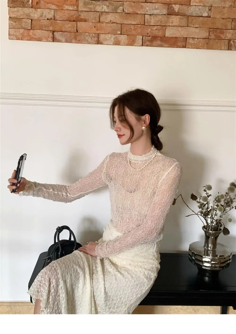 Sexy Lace Shirt Half High Collar Mesh Thin Long Sleeve Floral Embroidery Slim Fit Top Transparent Design Fashionable Spring 2024