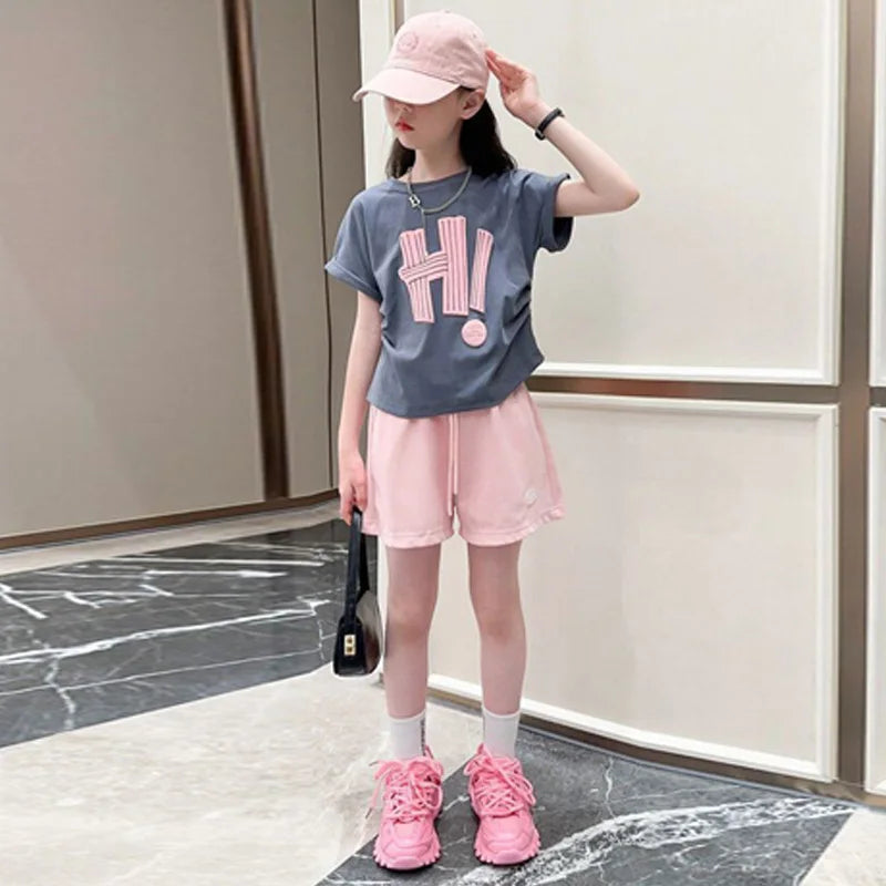 New Girls Summer Sets Children Casual Printed T-Shirt Suit Kids Short-Sleeve Top+Shorts Pcs Outfits Teenager Fashion Clothes