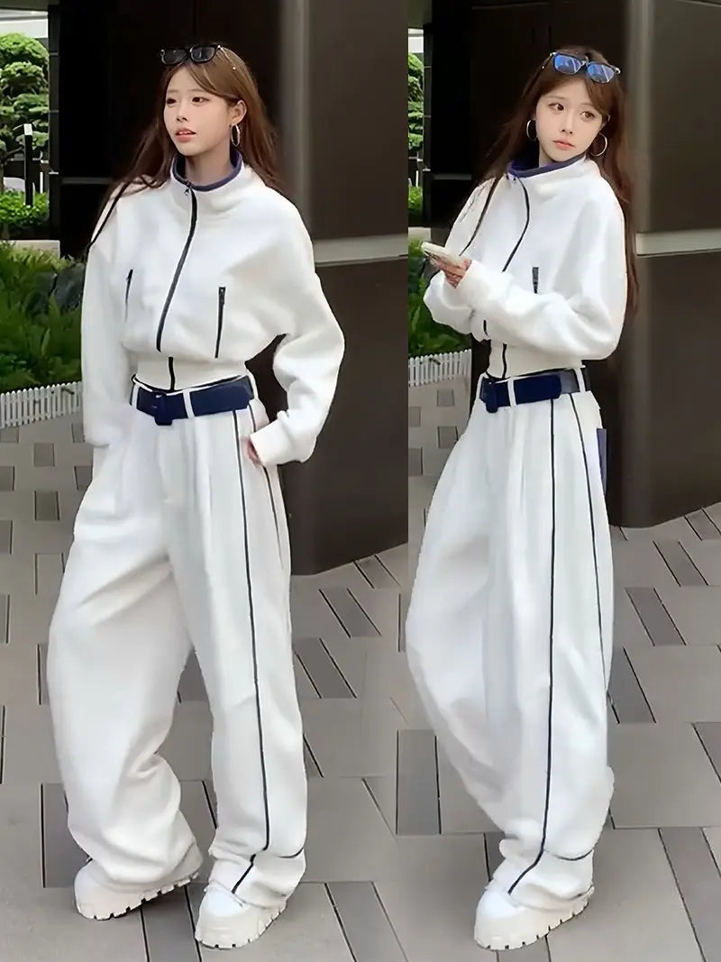 Korean Style Fashionable Set Women's Autumn Winter Design Collar Top Wide Leg Pants Two Piece Set Casual High Waist Polyester...
