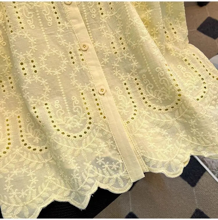 Elegant European Summer 2025 New Design Sense Small Hollow out Embroidery  Collar Top Versatile Match Korean Style Loose Fit