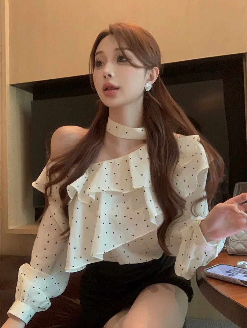French Style Halter Neck Polka Dot Chiffon Shirts Woman Elegant Off Shoulder Ruffle Blouses Ladies Korean All-Match Trend Blusas