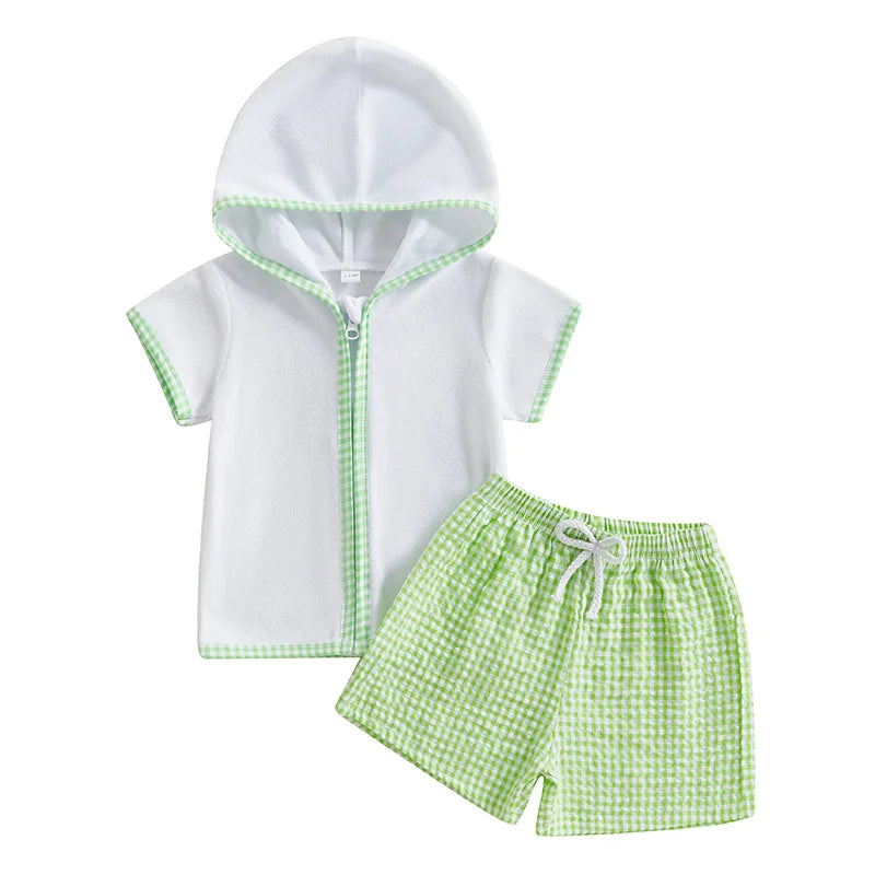 Toddler Kids Baby Girls Boys Summer Clothing Sets Short Sleeve Zipper Hood Tops with Plaid Print Shorts Beach Cover Up Outfits