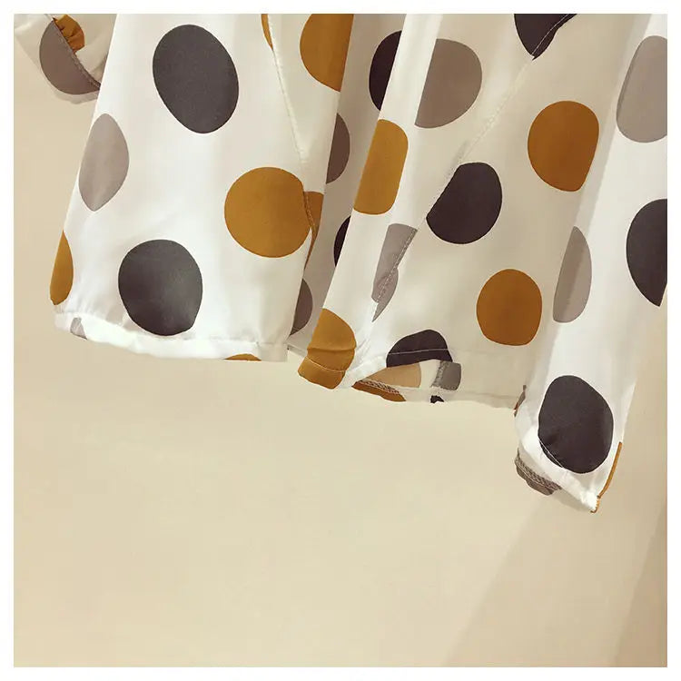 Oversize Summer Polka Dot Printed Chiffon Blouses Women Round Neck Patchwork Short Sleeve Shirt Off Shoulder Tops Female Clothes