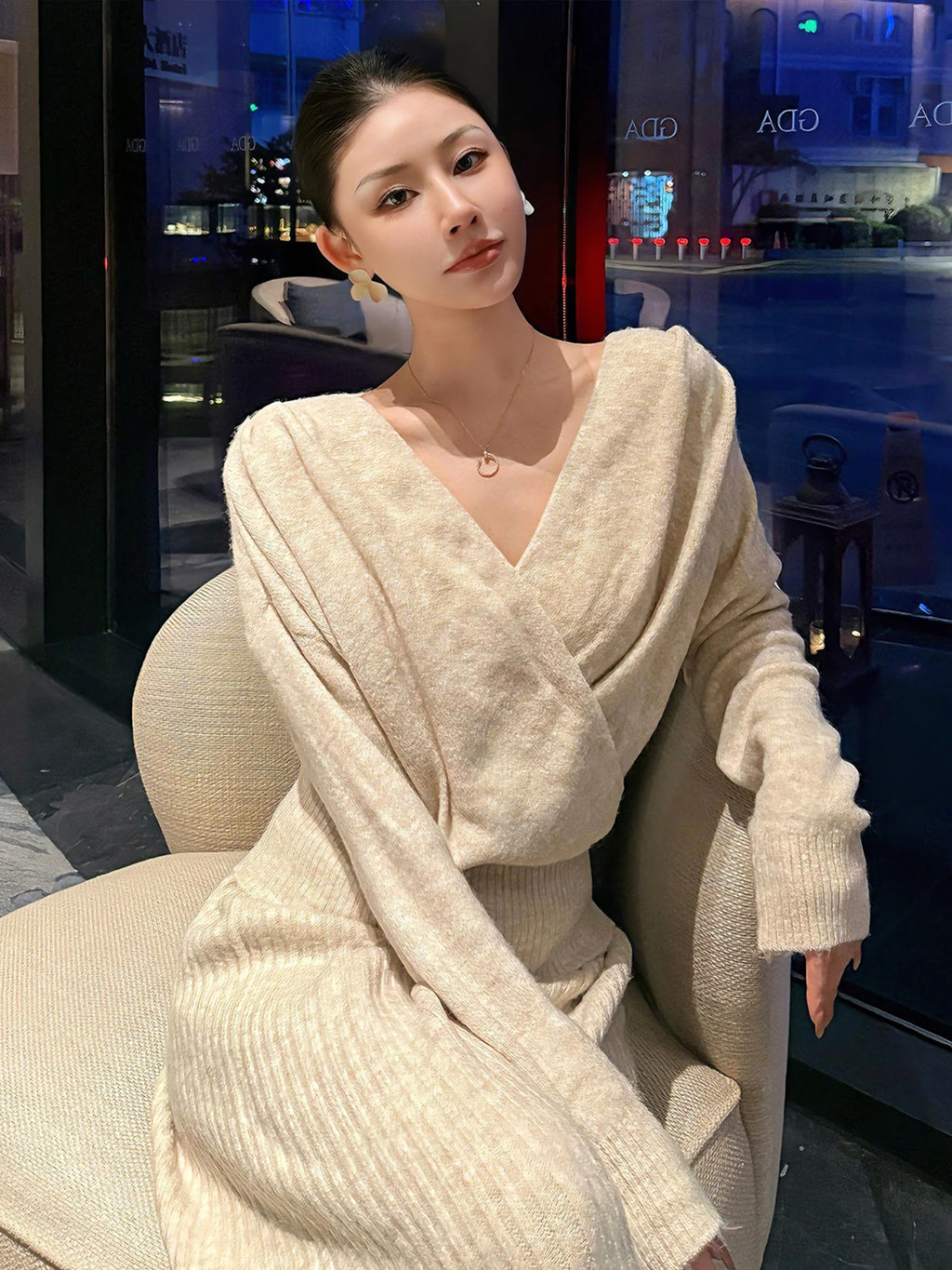 Elegant Autumn Winter Women's Outfit High Waist Wide Leg Pants V-Neck Long Sleeve Fashion Set Korean Style Casual Wear