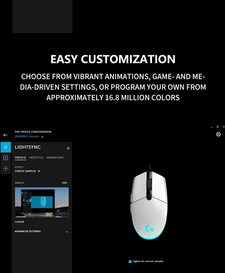The G102/G203 with LIGHTSYNC lighting effect, featuring a resolution of 8000 DPI, offers smooth and responsive gaming experience