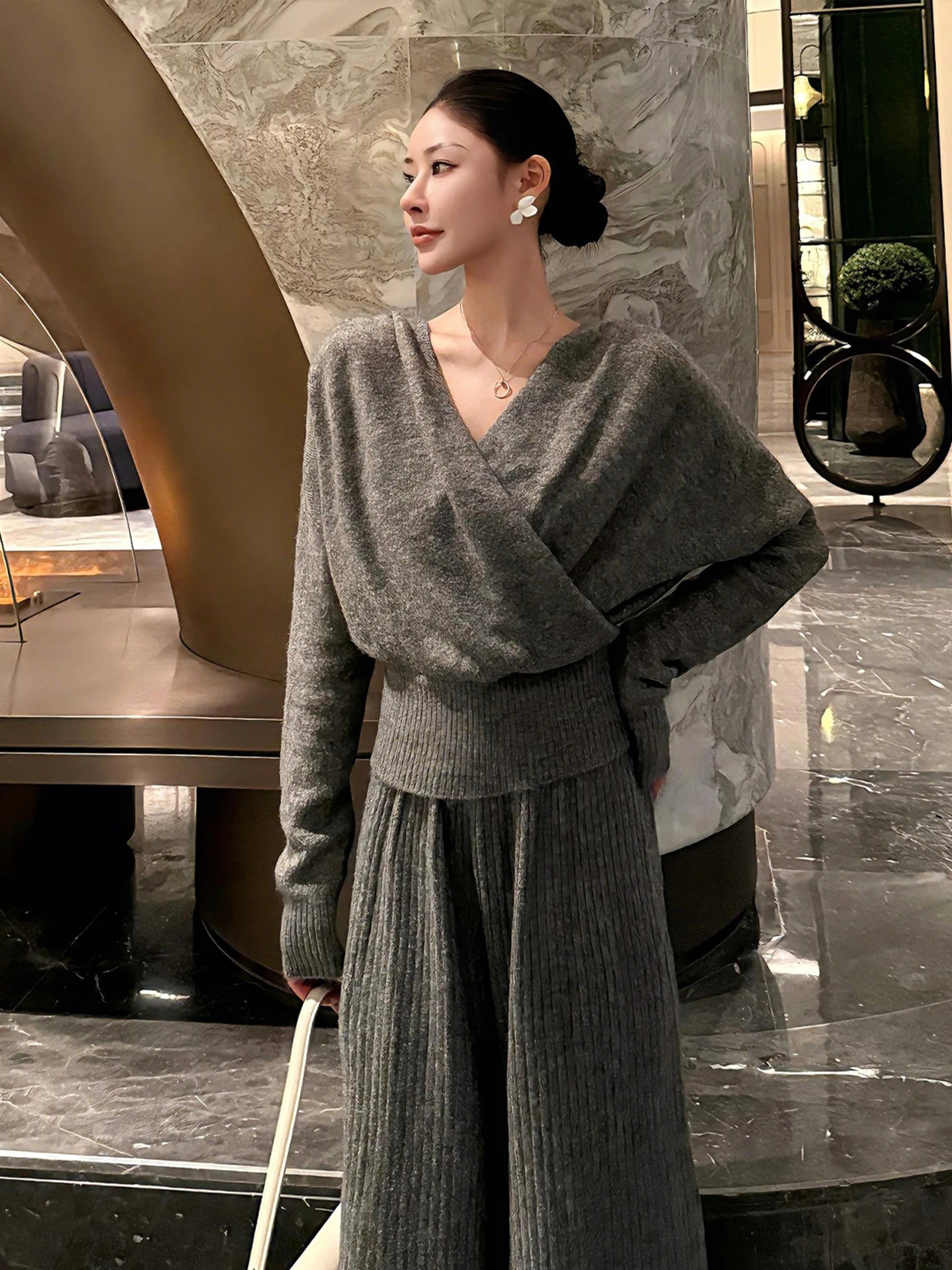Elegant Autumn Winter Women's Outfit High Waist Wide Leg Pants V-Neck Long Sleeve Fashion Set Korean Style Casual Wear