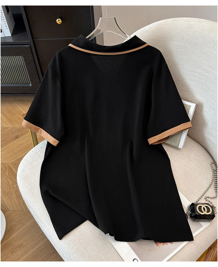 175Kg Plus Size Women's Bust 170 Summer Loose Lapel Top Short Sleeve T-Shirt Black White 6XL 7XL 8XL 9XL 10XL 11xl