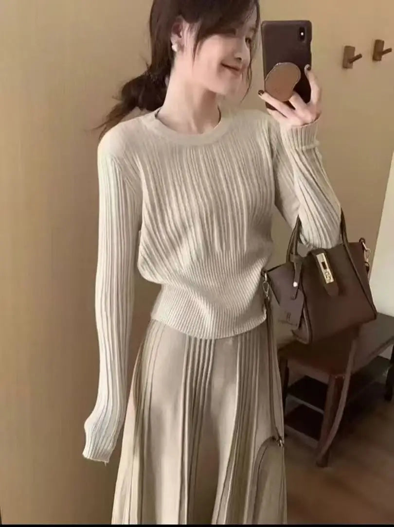 Korean Style High Waist Knitted round Neck Striped Top And Skirt Two Piece Set Women's Fashion Autumn Winter Collection