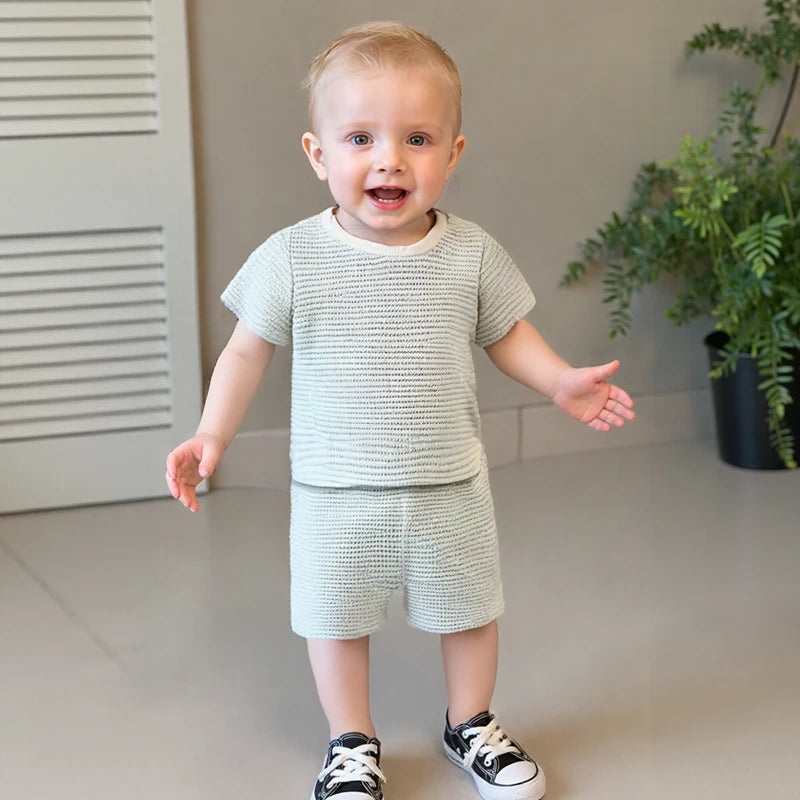2024-12-30 Lioraitiin Toddler Baby Boys Summer Outfit Waffle Striped Short Sleeve T-shirt Elastic Waist Shorts Set