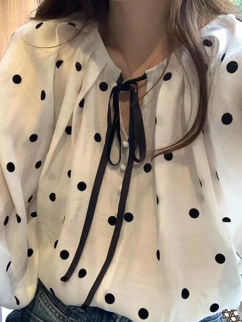 Sweet French Style Polka Dot Bubble Sleeve Sun Protection Shirt Women Spring Summer Fashion Anti Aging Doll Top Silk Blouse