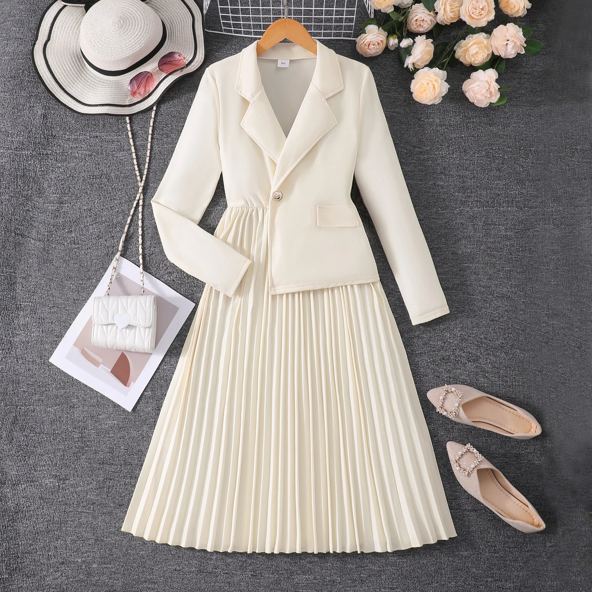 Teen Girls' 13-16Y Blazer Dress - Classic Cream Color, Asymmetrical Hem, Romantic & Elegant, Ideal for Formal Occasions, Stylish