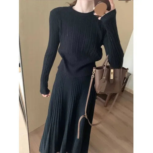 Korean Style High Waist Knitted round Neck Striped Top And Skirt Two Piece Set Women's Fashion Autumn Winter Collection