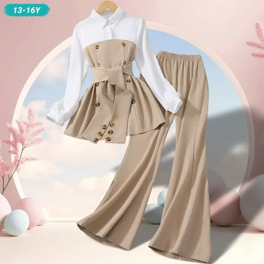 Teen Girls Clothing Set Long Sleeve Solid Color Spring Autumn Belt Child Suit Casual Elegant Comfort Girls Outfits 13-16 Years