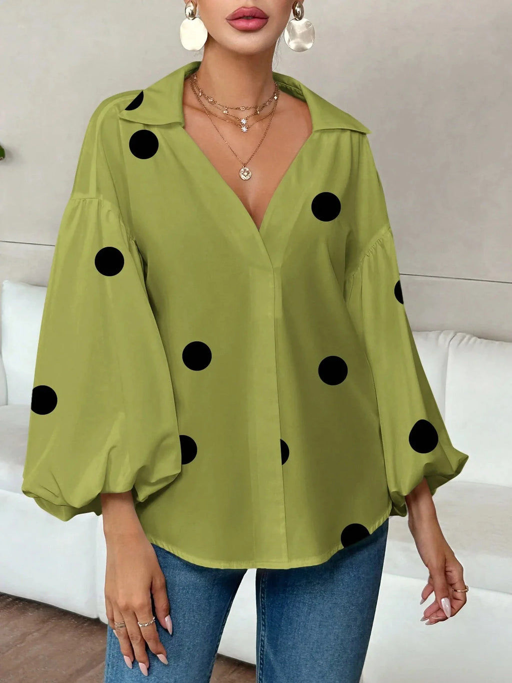 Boho Women's Blouses Spring Fall New Fashion French Polka Dot Half-neck Design Loose Puff Long-sleeve Top Casual Shirts Women