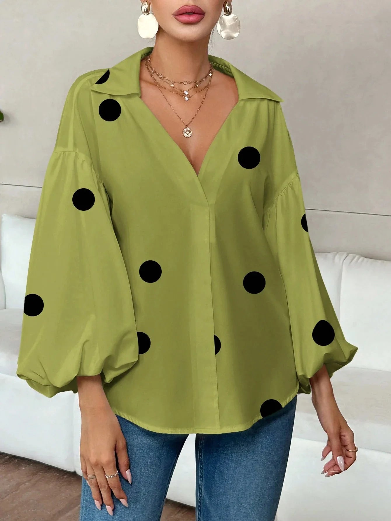 Boho Women's Blouses Spring Fall New Fashion French Polka Dot Half-neck Design Loose Puff Long-sleeve Top Casual Shirts Women