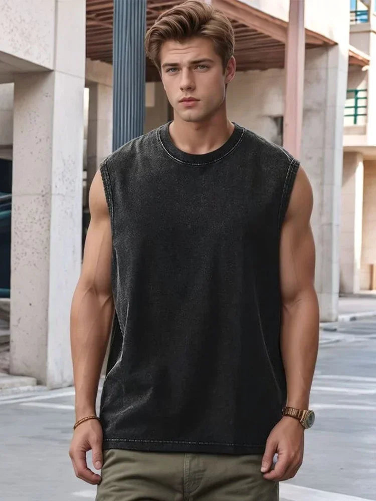 Men's Washed Sleeveless Tank Top 230G Heavyweight 100% Cotton Vintage Oversized Casual Summer Streetwear Shirt Vest