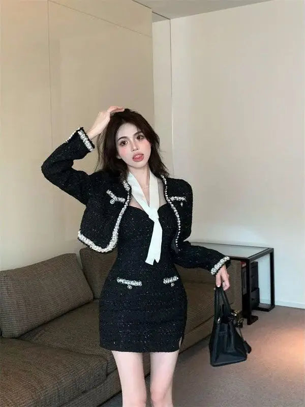 Small Fragrance Style Tweed Set Black Jacket Women's Short Dress Two-Piece Suit Autumn Fashion Trend Miniature Two-Piece Set