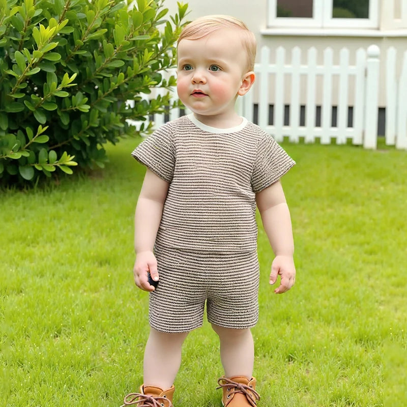 2024-12-30 Lioraitiin Toddler Baby Boys Summer Outfit Waffle Striped Short Sleeve T-shirt Elastic Waist Shorts Set