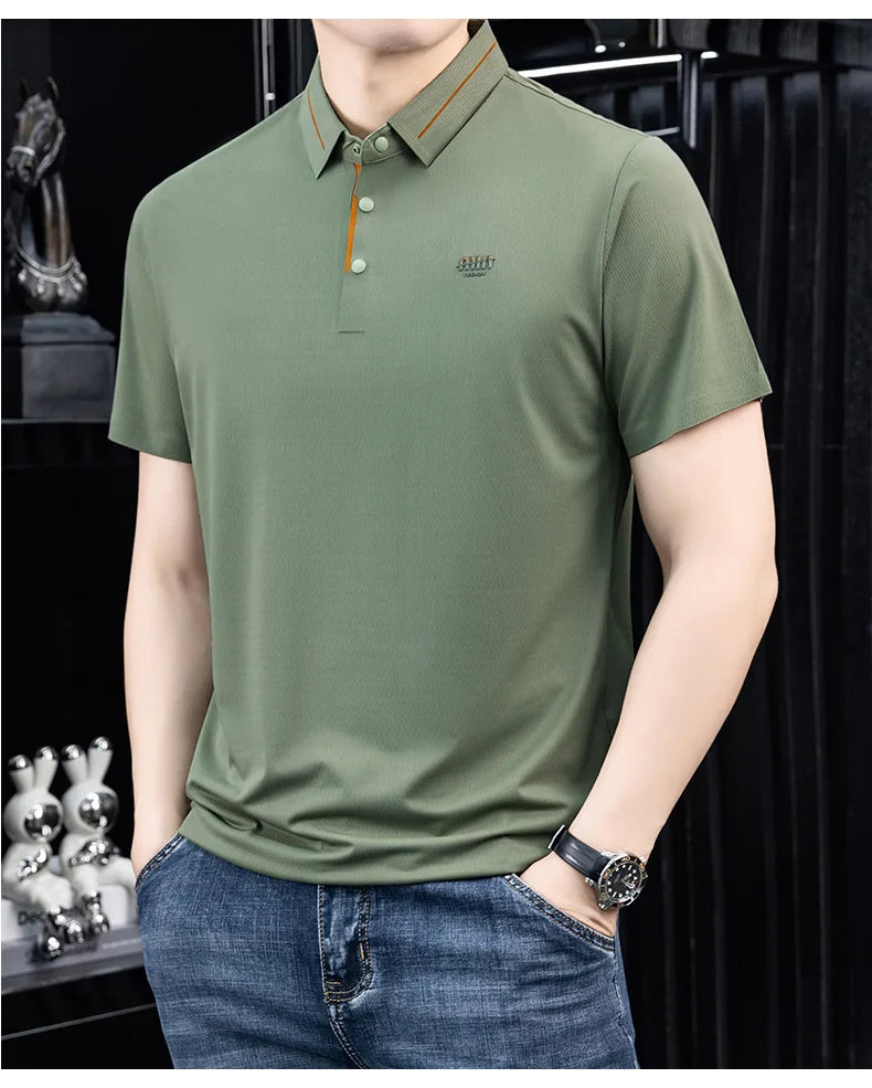Luxury brand ice silk short sleeve polo shirt men's summer fashion letter embossed comfort breathable leisure high-end T-shirt