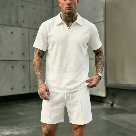 2 Pcs Sets Men's Summer Linen Polo and Shorts Simple Casual Beach Clothing Set Shirts Comfortable Hawaii Wear