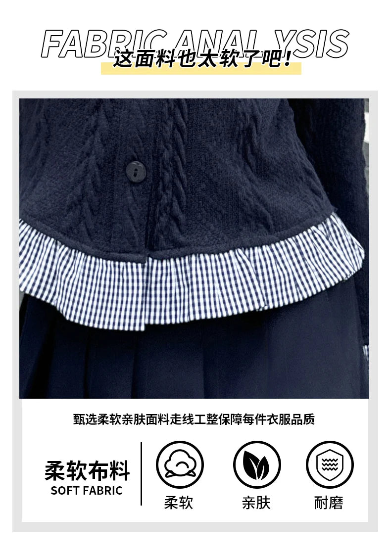 teen girls college style clothes set Striped patchwork ruffle hem tops jacket+Pleated skirt 2pcs junior kids suit child outfits