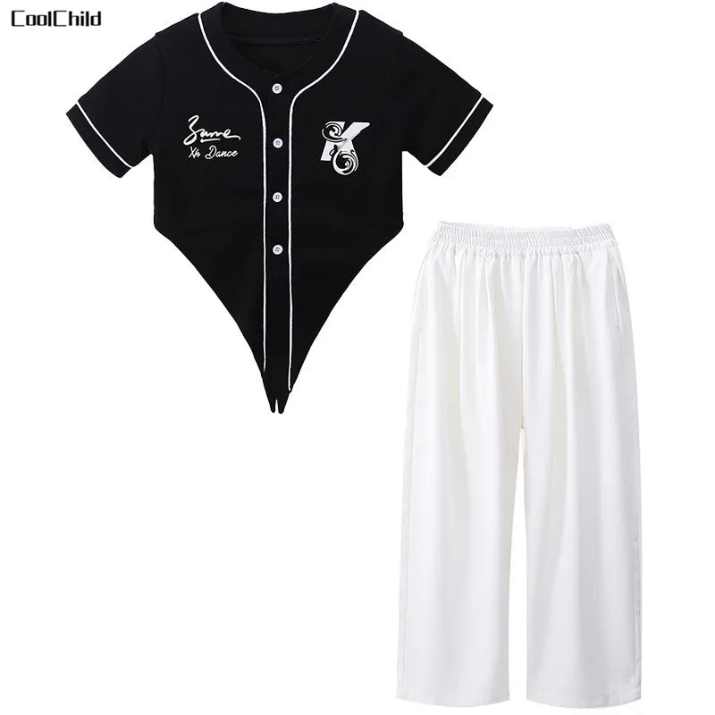 Hip Hop Girls Crop T-shirt Loose Pants Kids Street Dance Baseball Jacket Child Streetwear Jazz Clothes Sets Teen Fashion Costume