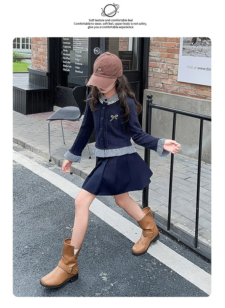 teen girls college style clothes set Striped patchwork ruffle hem tops jacket+Pleated skirt 2pcs junior kids suit child outfits