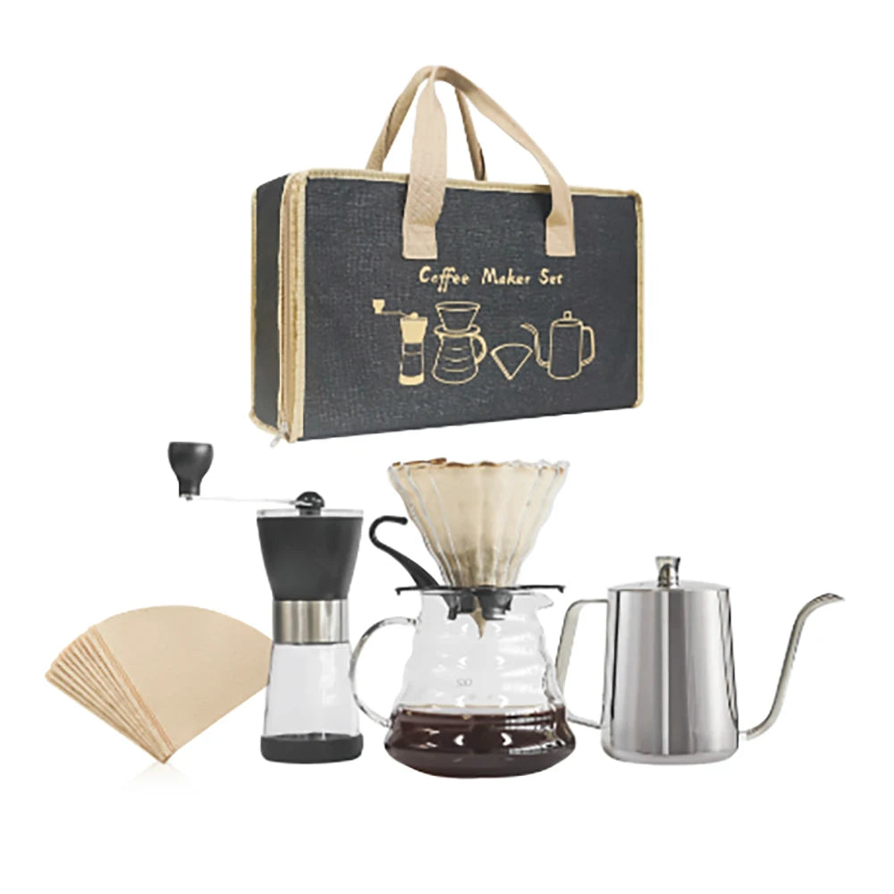 Complete Manual Pour Over Coffee Set V Shape Glass Dripper 600ml Gooseneck Kettle Kit Portable Coffee Travel Bag Barista Gift