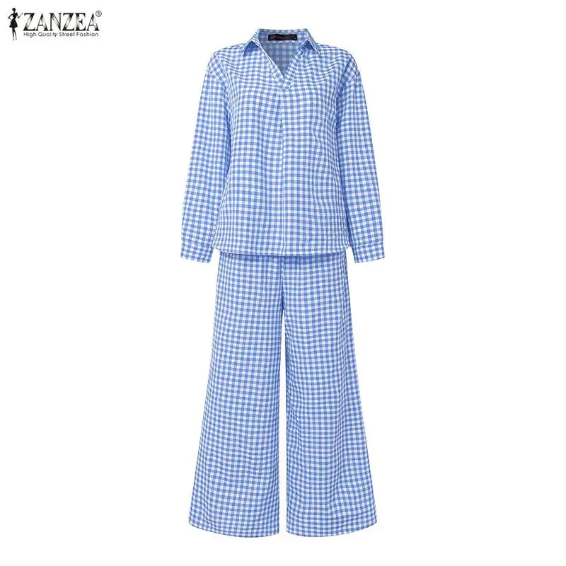 ZANZEA Women's Gingham Pant Suits Collared Long Sleeve High-Low Blouse & Wide Leg Pant 2 Pieces Sets Streetwear Casual Outfits