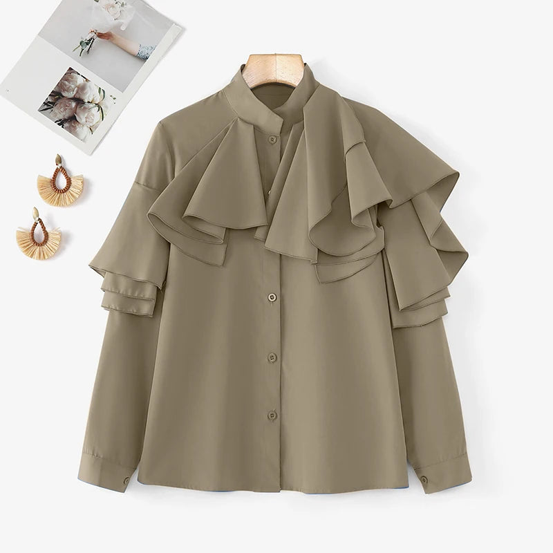ZANZEA Vintage Solid Office Blouse Women Ruffled Stitching Street Shirts Spring 3D Long Sleeve Tops Casual Loose Buttons Tunics