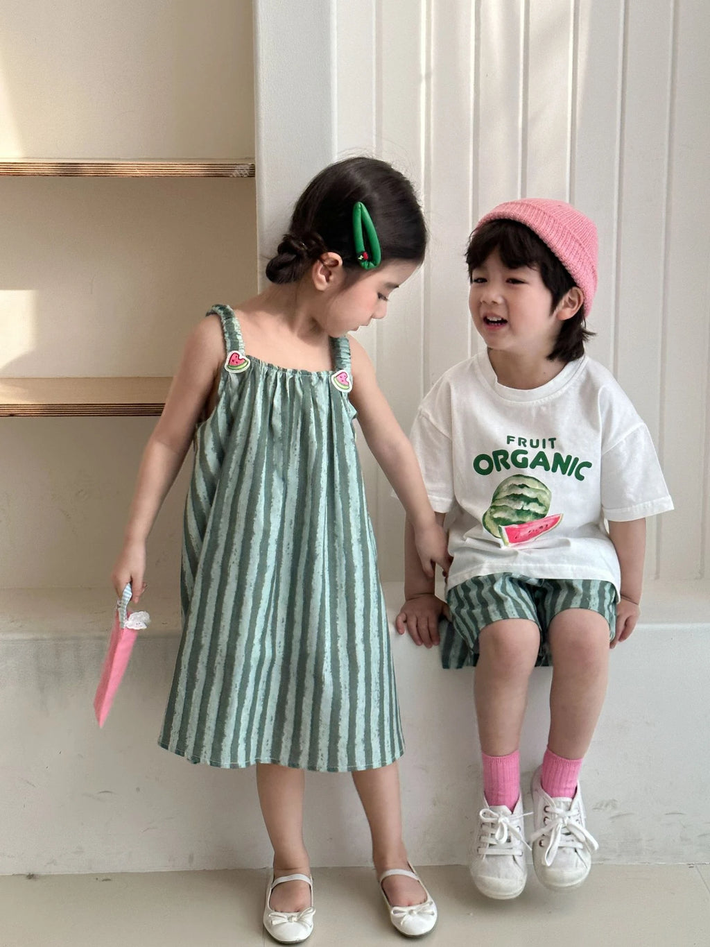 Children Clothes 2025 Summer New Cotton Stripe Baby Girl Suspender Dress Or Boy's Suit Brother And Sister Clothes
