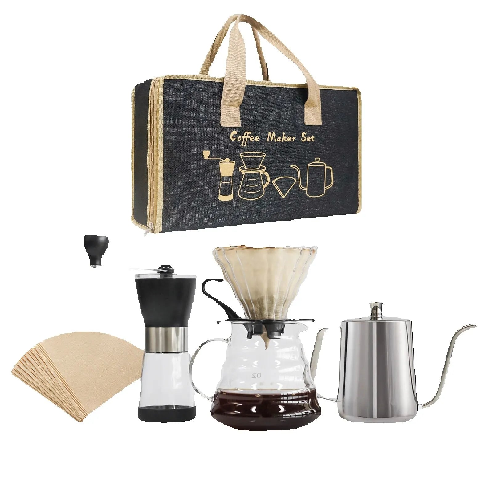 Complete Manual Pour Over Coffee Set V Shape Glass Dripper 600ml Gooseneck Kettle Kit Portable Coffee Travel Bag Barista Gift