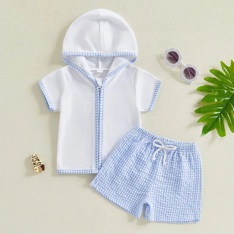 Toddler Kids Baby Girls Boys Summer Clothing Sets Short Sleeve Zipper Hood Tops with Plaid Print Shorts Beach Cover Up Outfits
