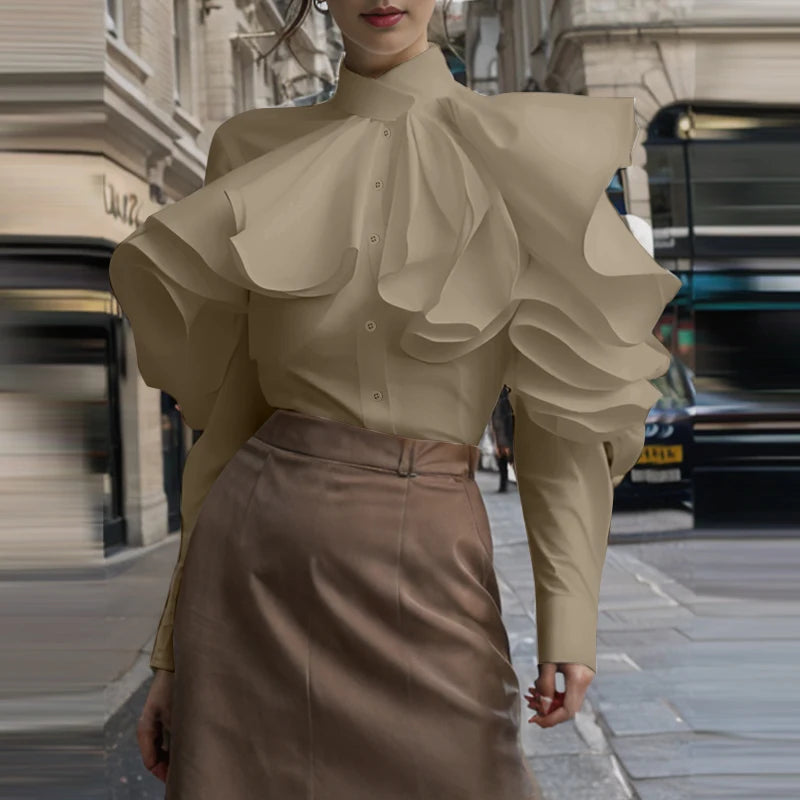 ZANZEA Vintage Solid Office Blouse Women Ruffled Stitching Street Shirts Spring 3D Long Sleeve Tops Casual Loose Buttons Tunics