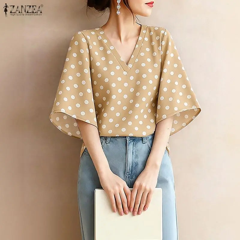 ZANZEA Elegant Woman Polka Dot Blouses Vintage V-Neck Half Bell Sleeves Loose Tops 2026 Summer Vacation Casual Blusas de Mujer