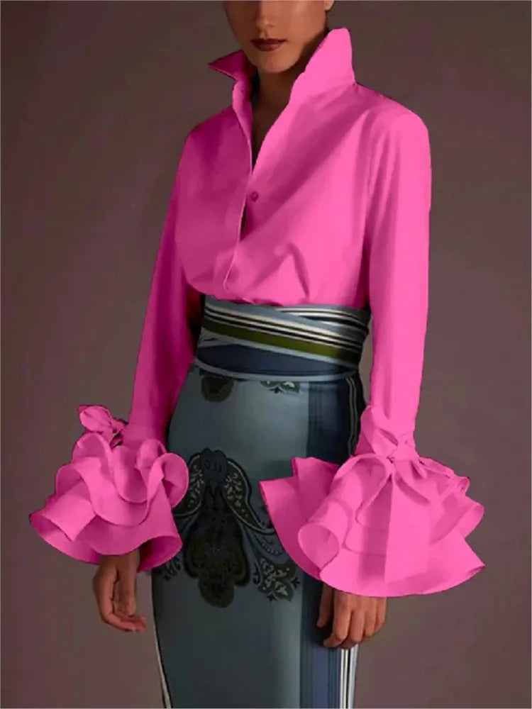 shirts & blouses Women Elegant Flared Sleeves Falbala Blouses Tops Spring Autumn  Casual Solid Office Lapel Buttons Shirts Tops